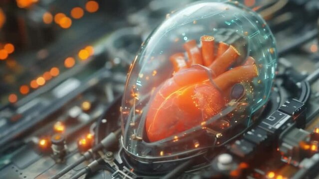 A detailed close-up of a mechanical heart beating within a transparent chest, blending biology and technology