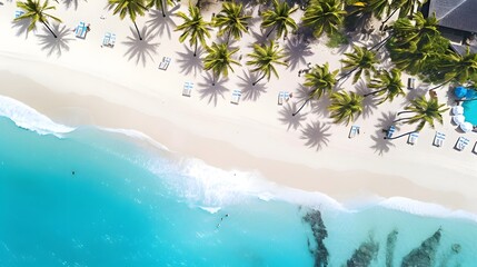 Fototapeta na wymiar Panoramic aerial view of tropical beach with palm trees and white sand