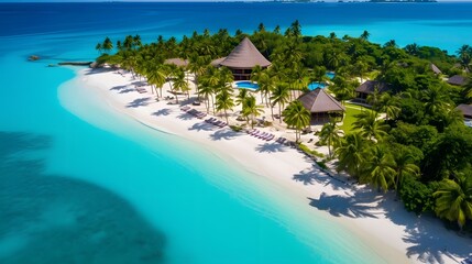 Aerial view of beautiful tropical beach with white sand, turquoise water, palm trees and blue sky