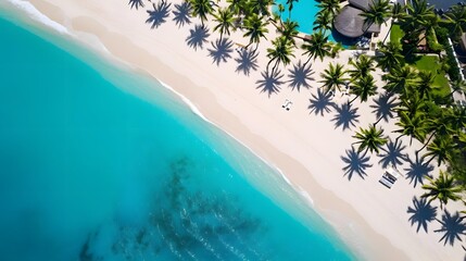 Aerial view of beautiful tropical beach with palm trees and white sand