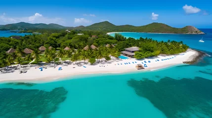 Wandaufkleber Aerial view of beautiful tropical island with white sand beach, turquoise water and palm trees. © Iman