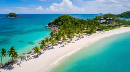 Aerial view of beautiful tropical beach with white sand, turquoise water and coconut palm trees at Seychelles