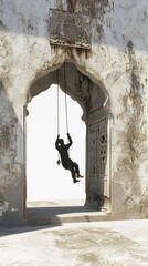Swinging through an ancient entrance, capturing a moment where history and motion intersect on a white background,  - obrazy, fototapety, plakaty