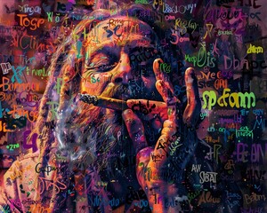 A hippie smoking a joint, rendered as a character sticker, set against a backdrop made entirely of words and letters, celebrating music and peace, 