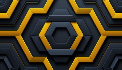 Black background with yellow hexagons elements with empty space in the middle - obrazy, fototapety, plakaty