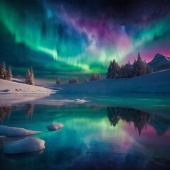 Naklejka premium Frozen lake mirrors celestial beauty, Northern Lights dance in kaleidoscope of colors. Surreal cosmic spectacle evokes wonder.