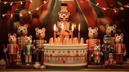 Vintage toy shop cake with edible toys, teddy bears, and candles shaped like toy soldiers.