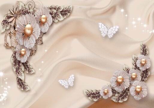 3D wallpaper golden flower and swan, butterfly abstract background
