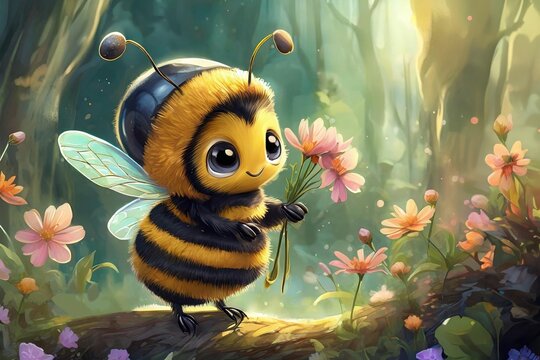 Cute bee carrying a bucket of honey and foraging in a garden close to a large flower