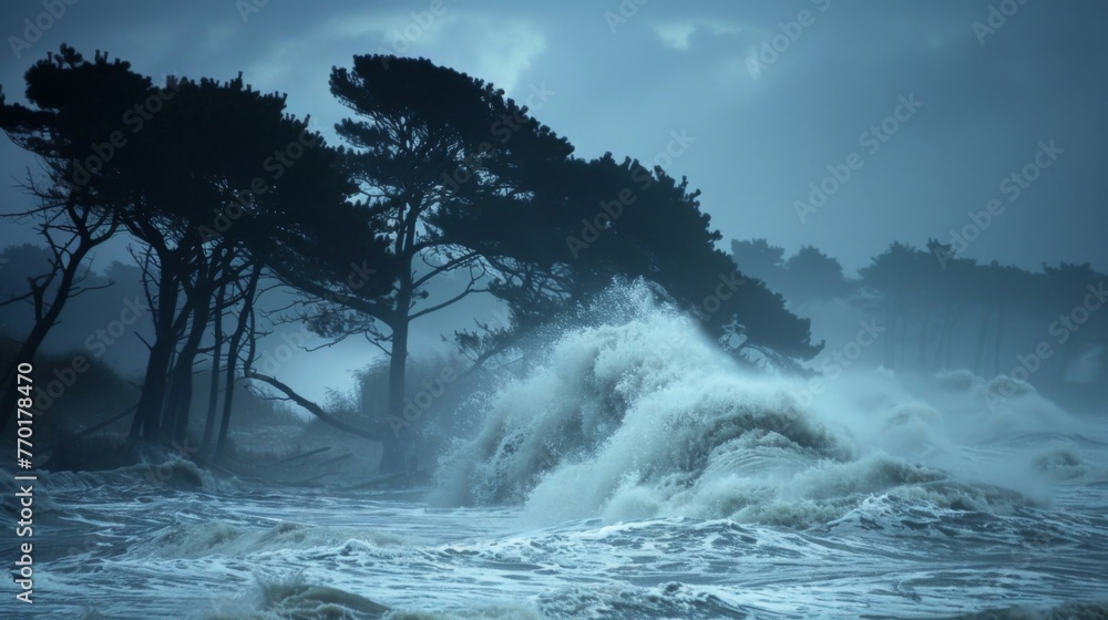 Poster its a scene of turbulence as the powerful storm unleashes its fury with massive waves crashing again