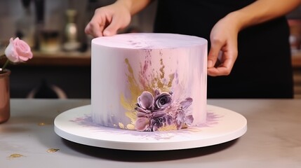 Watercolor Cake with Soft Pink and Lavender Hues and Gold Flakes.