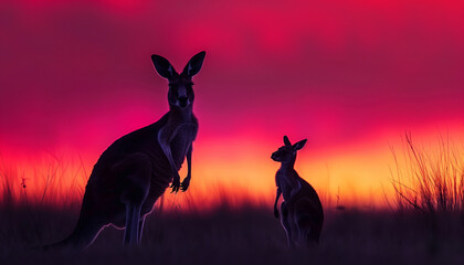 Two kangaroos stand against the backdrop of a striking red sunset in the grassy Australian outback
