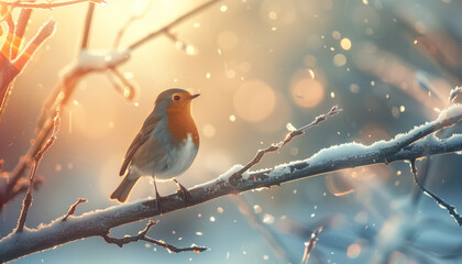 Obraz premium A small robin with a bright orange chest sits fluffed up on a snowy branch in the golden light of a winter morning