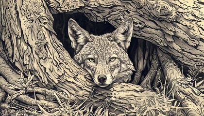 A fox peers out from its den in a detailed black and white illustration, blending into the textures of the forest - obrazy, fototapety, plakaty