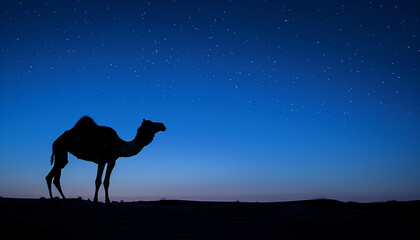 In the quiet of the desert night, a camel's silhouette stands out against a starry sky