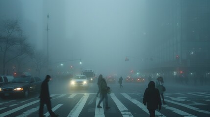 A bustling intersection is shrouded in a blanket of thick fog creating an almost surreal and ethereal scene as pedestrians and cars navigate through the mist their movements - obrazy, fototapety, plakaty