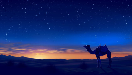 A camel stands in silhouette against a twilight desert sky, transitioning from sunset to a starry night