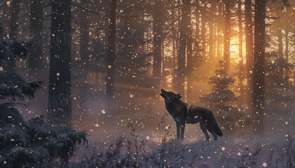 A wolf howls in a snow-covered forest, with the sunset casting a golden glow through the trees