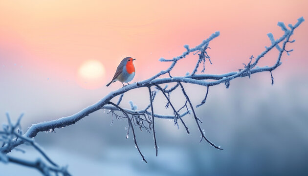 A robin with a red breast perches on a frosty branch against a soft pink and orange winter sky