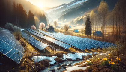 Dawn of Renewal: Solar Power in the Serene Valley - obrazy, fototapety, plakaty