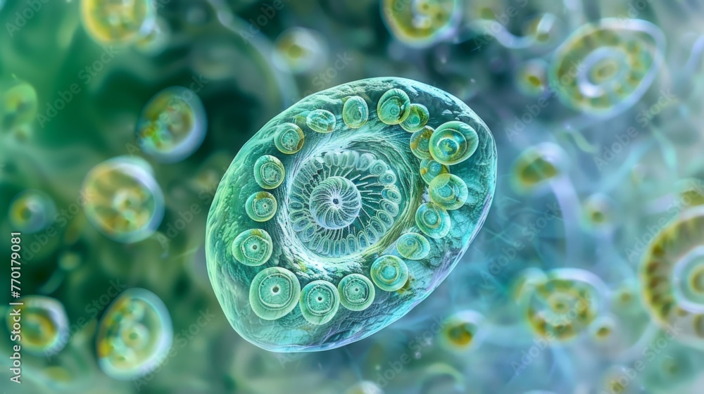 Poster a closeup view of a single cyanobacteria cell showing its intricate spiralshaped structure. the cell
