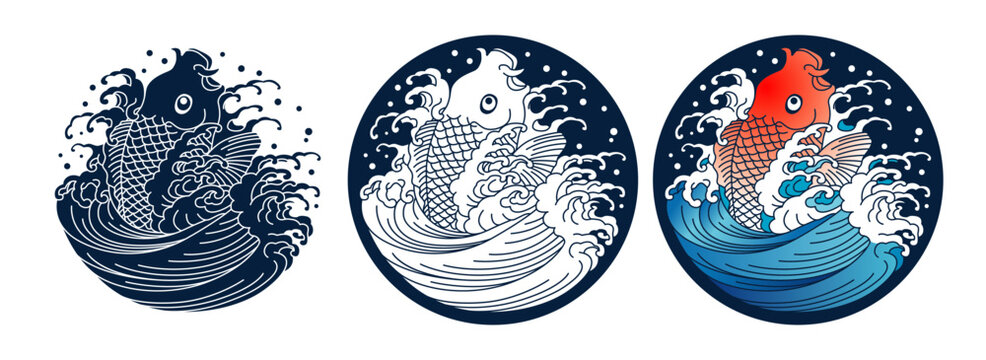 Fish and water splash of waves. Japanese traditional illustration ukiyoe art.