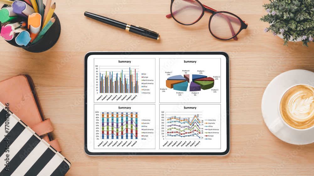 Aufkleber a tablet with four graphs on it and a pen on the table