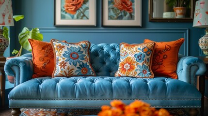 Elegant Teal Chesterfield Sofa with Embroidered Cushions