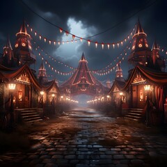 Illustration of the entrance to the fairground in the night.