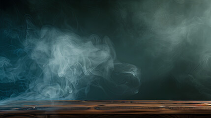 A wooden table with smoke coming out of it. The smoke is thick and dark, creating a mood of mystery and intrigue