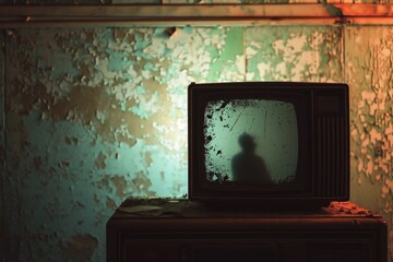 An old television with noise and a silhouette in the noise.