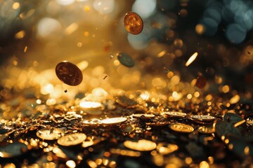 Gold coins raining from the sky. - obrazy, fototapety, plakaty