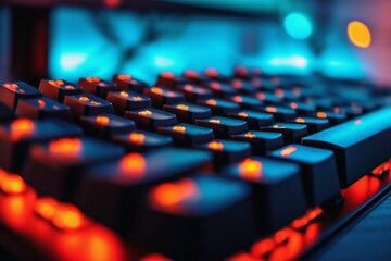 Fototapeta premium Low angle view of a computer keyboard with a blurred background.