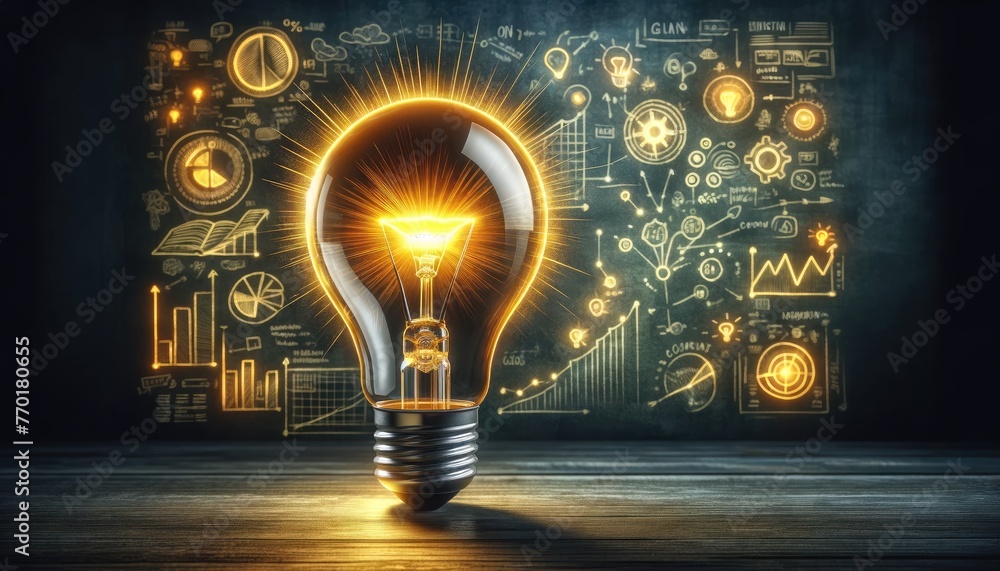 Poster a lightbulb illuminates with sketches of ideas and concepts on a dark backdrop, embodying thought an