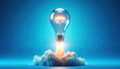 A glowing lightbulb over clouds with a blue background, symbolizing innovation and ideas