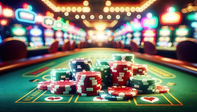 Colorful casino chips stacked on a gaming table with a blurred casino background
