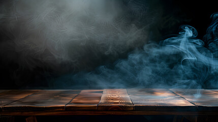 A wooden table with smoke coming out of it. The smoke is thick and dark, creating a mood of mystery and intrigue - obrazy, fototapety, plakaty