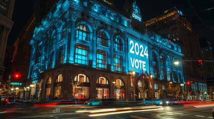 Fototapeta na wymiar Building facade glowing with 2024 vote in electric blue font at midnight