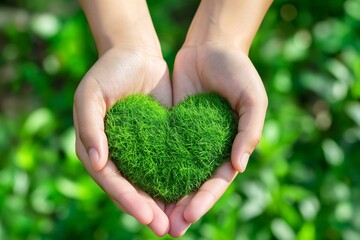 Eco love hands holding green grass shaped like a heart, advocating for sustainable energy, vivid portrayal, environmental awareness, nature conservation, eco-friendly message, positive impact.