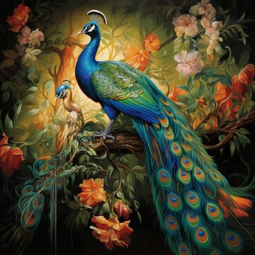 illustration of A majestic peacock with iridescent feathers perched, Generative ai