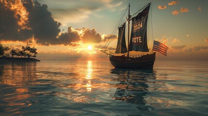A boat floats on water as the sun sets against the colorful sky - obrazy, fototapety, plakaty