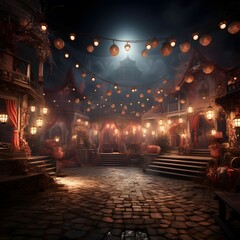 Illustration of an old town at night with lanterns and lights