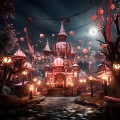 3D Illustration of a Fantasy Fantasy Landscape with Lanterns