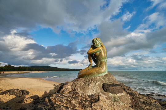 a sculpture of Songkhla Golden Mermaid at Samila Beach, Songkhla, Thailand.