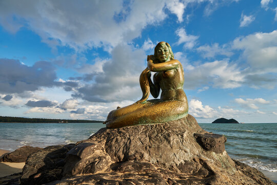 a sculpture of Songkhla Golden Mermaid at Samila Beach, Songkhla, Thailand.