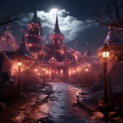 Fototapeten Fairytale castle at night with full moon. 3d rendering © Iman