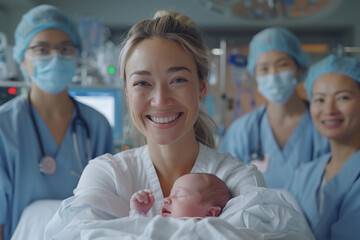 Happy tired woman after childbirth at medical clinic wearing hospital robe holding a newborn baby on hands,  happy smiling doctors nurses around her 