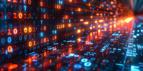Glowing blue binary code pattern on digital signboard symbolizing computer programming and big data. Concept Computer Programming, Big Data, Digital Signboard, Binary Code, Glowing Blue Pattern