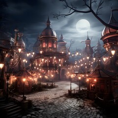 Night view of the old town at night with moonlight and lanterns