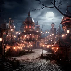 Selbstklebende Fototapeten Night view of the old town at night with moonlight and lanterns © Iman